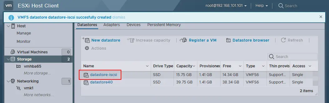 The remote iSCSI datastore has been created successfully on the ESXi host
