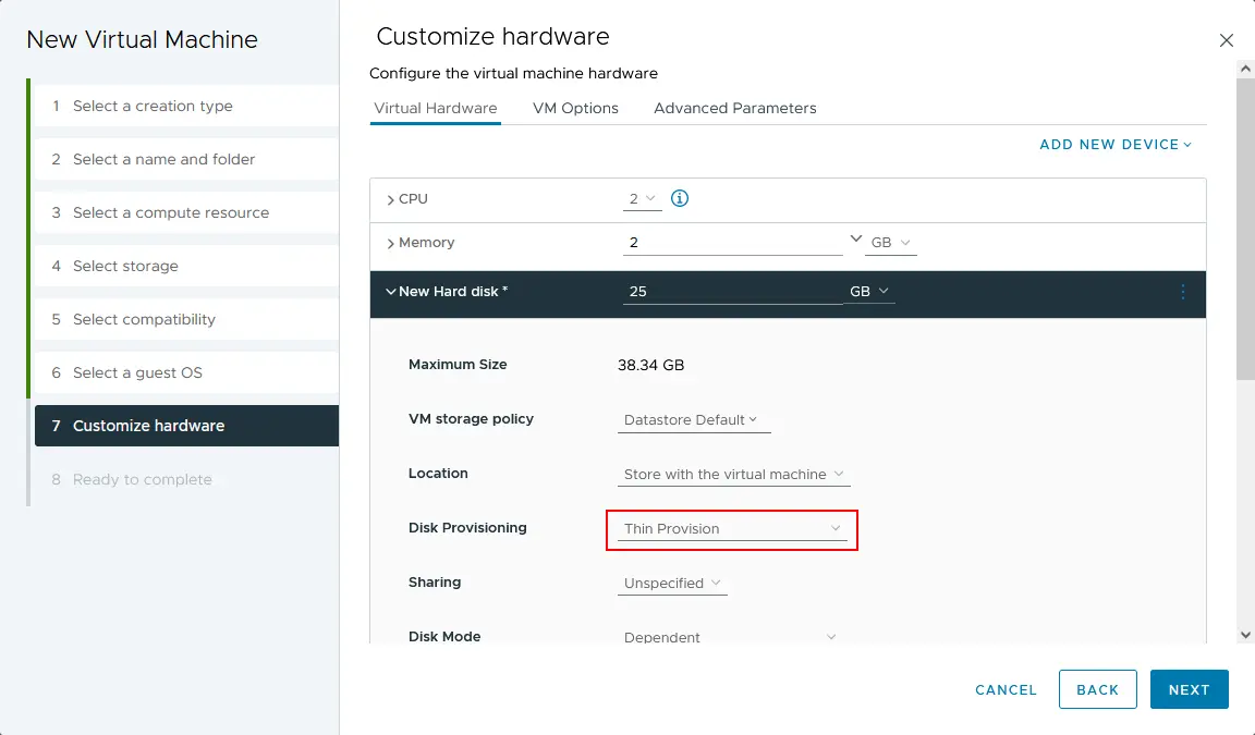 Customizing hardware for a new VM
