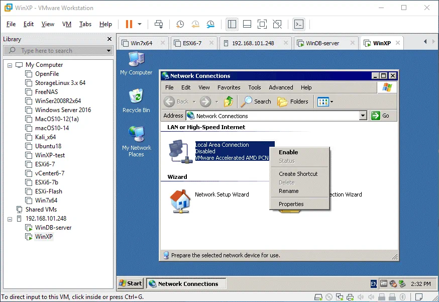 Managing a remote VM running on VMware Workstation Server via the network when a network adapter of the VM ins disabled.