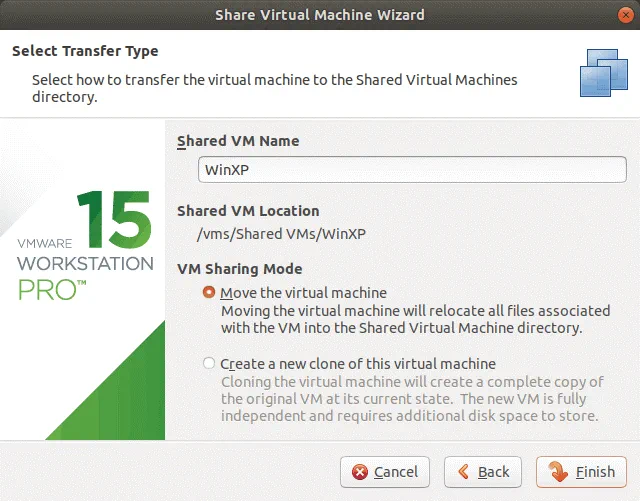 Choosing the transfer type for the VM to be shared on VMware Workstation Server.