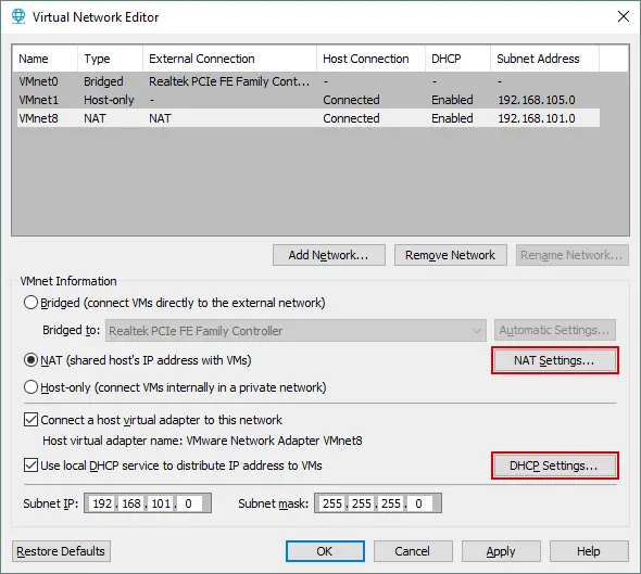 virtual network editor used for configuring networks in VMware Workstation