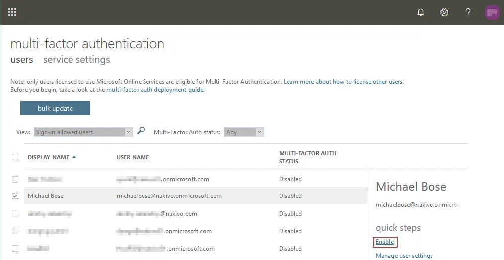 Enabling multi-factor authentication in Office 365