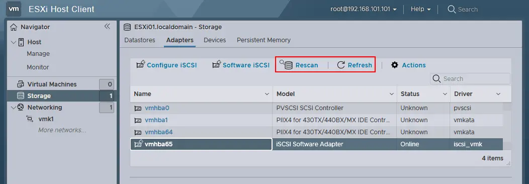 A new iSCSI software adapter is available on an ESXi host