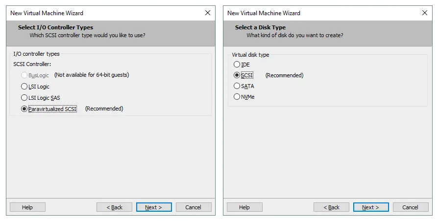 Choosing the I/O controller type and the virtual disk type to be connected to the disk controller