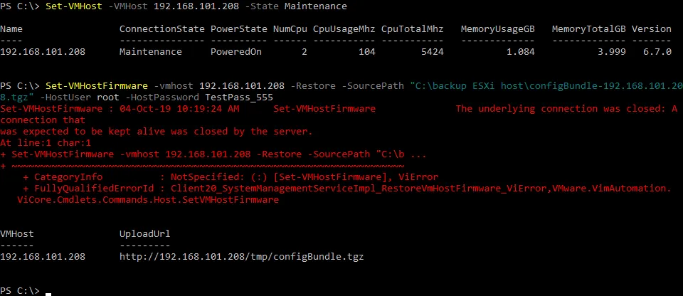 ESXi configuration is recovered in PowerCLI.