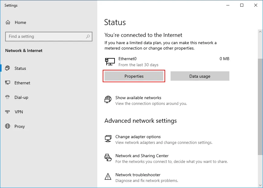 Opening the network adapter properties