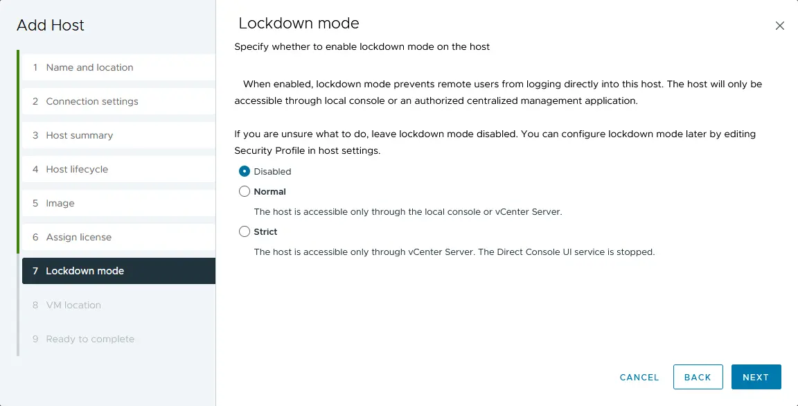 Specifying the ESXi host lockdown options when adding the host to vCenter