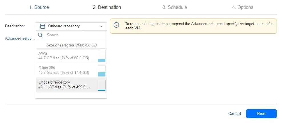 Selecting a backup repository to store backups