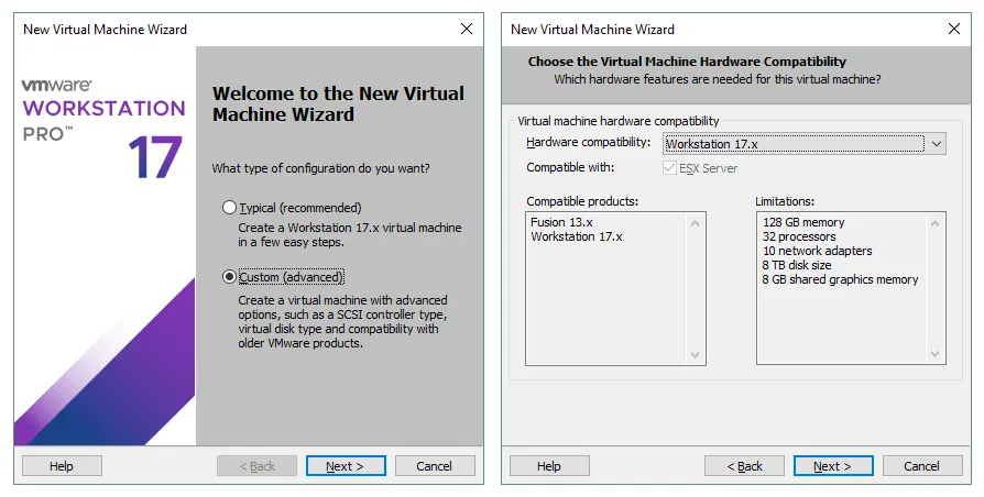 Select a custom configuration for a new VM and Workstation 17.x compatibility