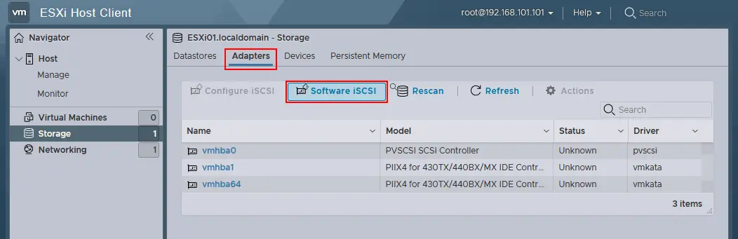 Adding a new software iSCSI adapter for an ESXi host in VMware vSphere Client
