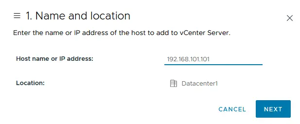 Entering the name and location of an ESXi host being added to vCenter inventory