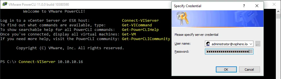 Connecting to the vCenter server in PowerCLI