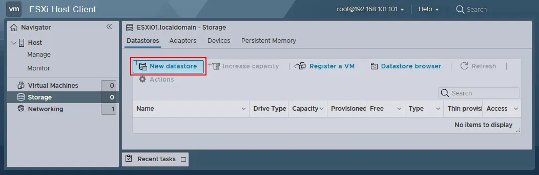 Creating a new directly attached datastore on an ESXi host