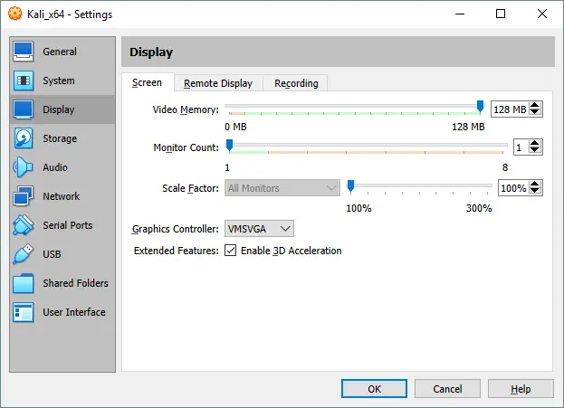 configuring display settings for the VM