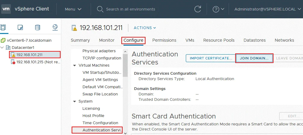 An ESXi host is ready to join the domain for changing an ESXi password for root.