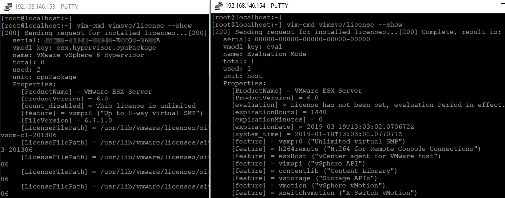 Comparing available features in the ESXi console for free VMware ESXi and ESXi running in evaluation mode