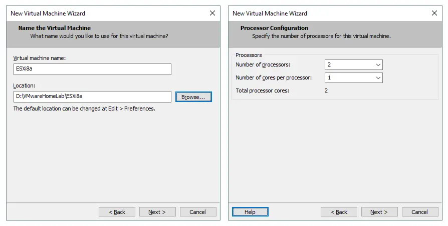 Setting the name and location for the new VM as well as setting processor configuration