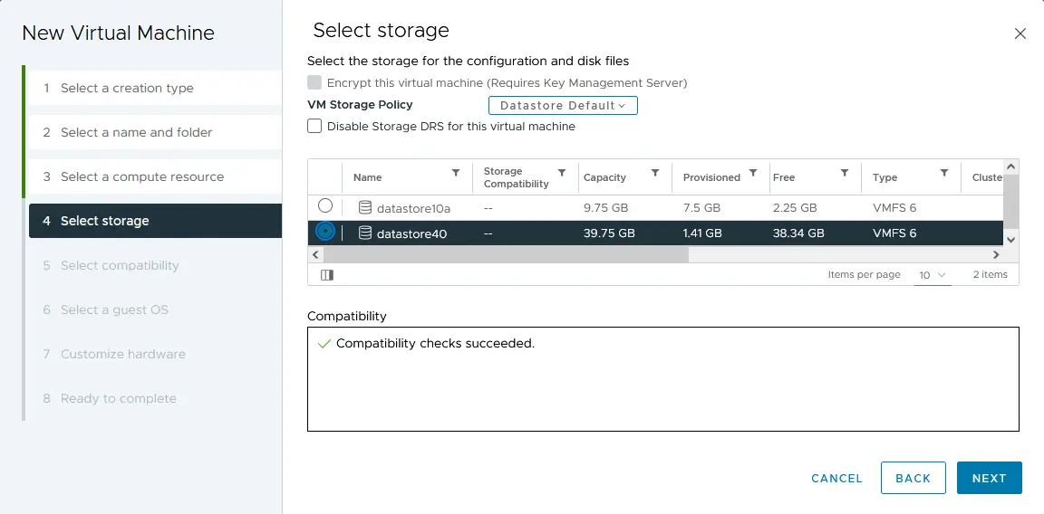 Selecting storage to store VM files