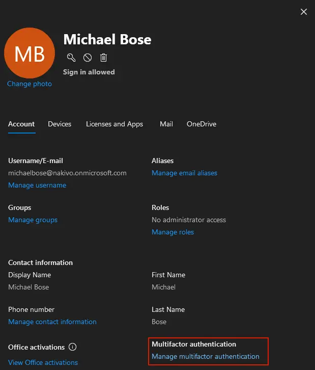 User account options in Office 365