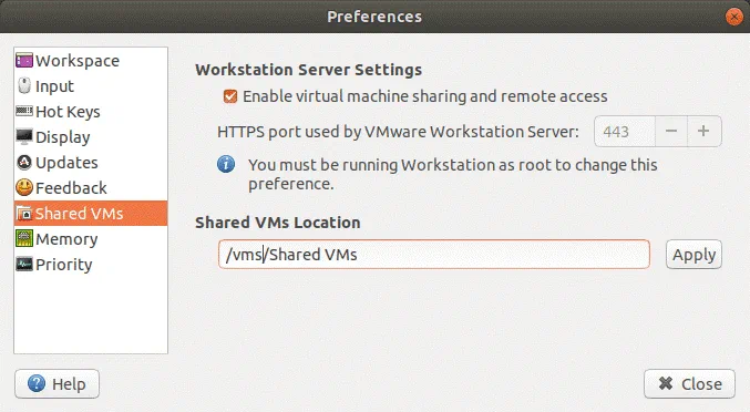 Configuring Shared VMs location for VMware Workstation Server.