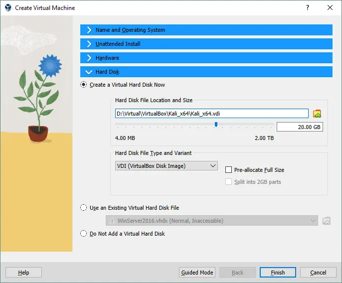 configuring virtual disk settings for the new VM