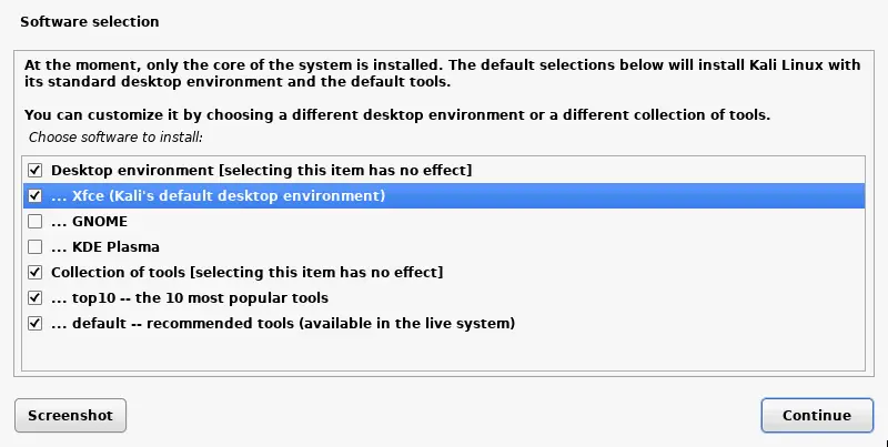 Selecting Xfce as the default desktop environment for Kali Linux