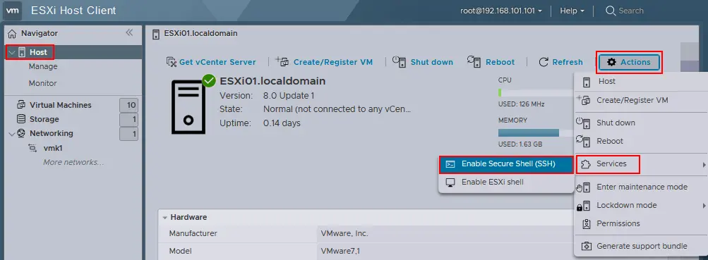 Enabling ESXi console shell and remote SSH access in VMware Host Client