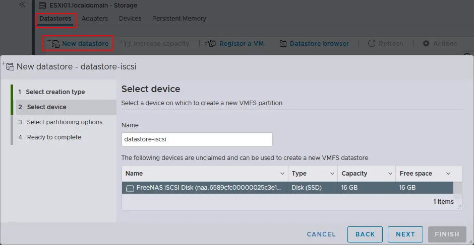 Selecting the iSCSI disk for creating a new datastore on the ESXi host