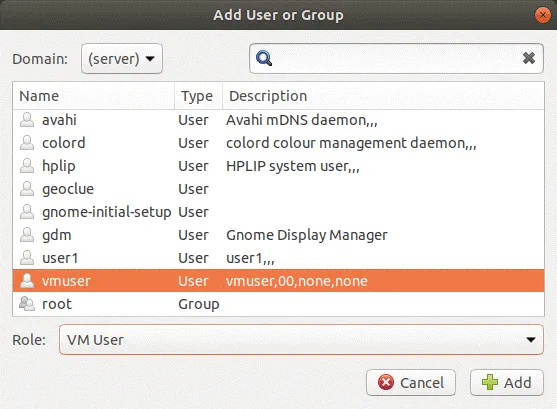 Adding a user to apply the permissions for accessing shared VMs on VMware Workstation Server.