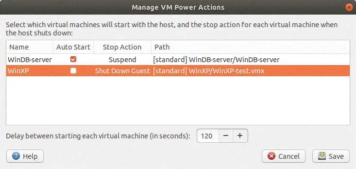 Configuring the auto start of VMs on VMware Workstation Server.