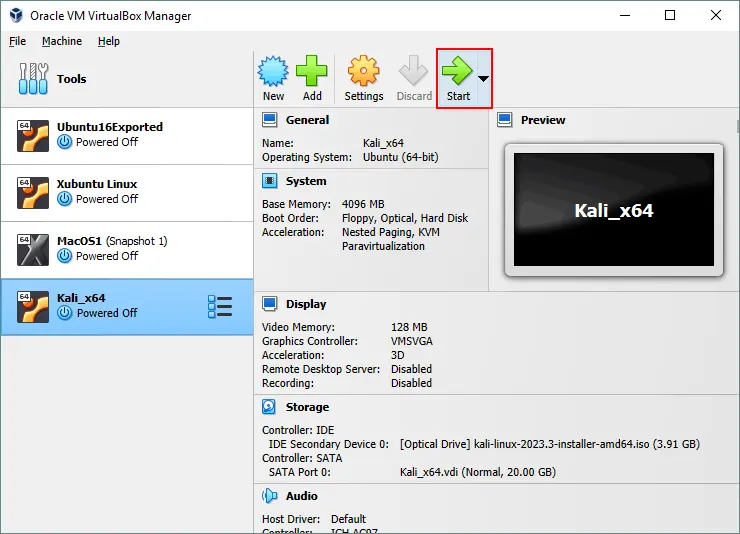 starting a new VM for Kali Linux installation