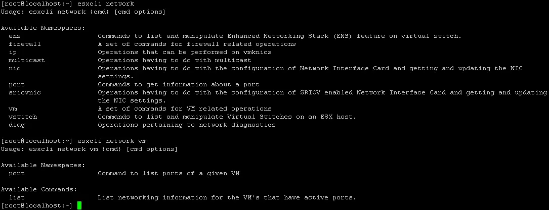 Viewing the ESXi shell commands for the ESXCLi network namespace