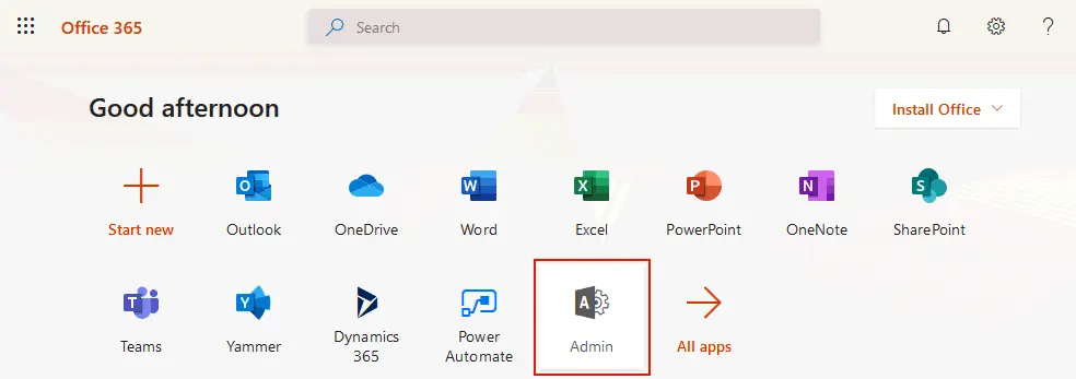 Selecting Office 365 admin center
