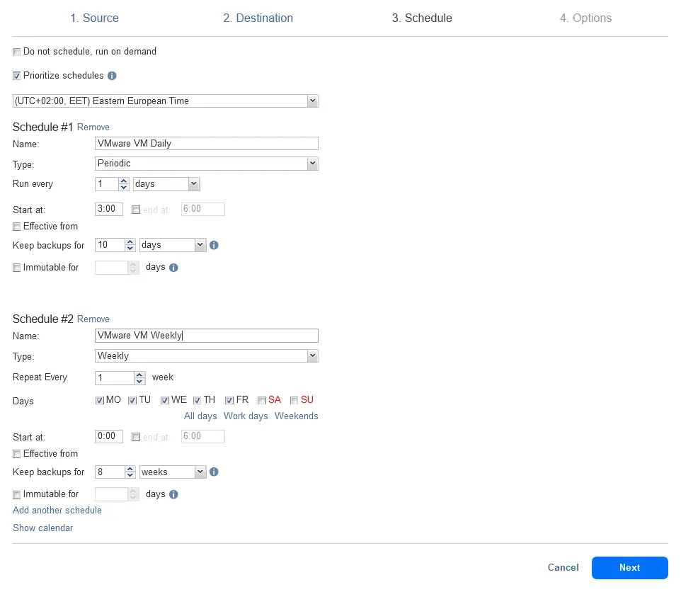 Configuring scheduling and retention settings