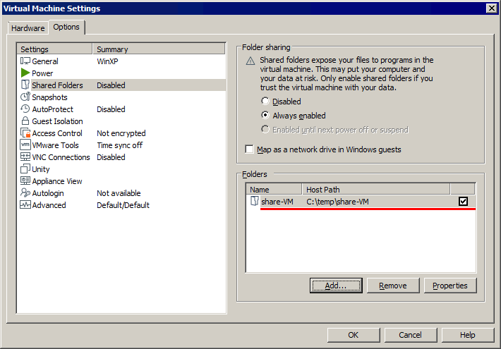 VMware sharing folder – a shared folder is created