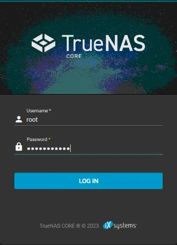 The TrueNAS Core login screen