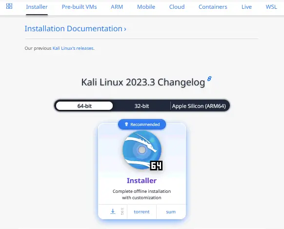 Downloading the installation ISO image of Kali Linux 64-bit