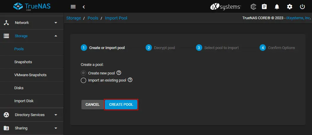 Creating a new pool in TrueNAS Core