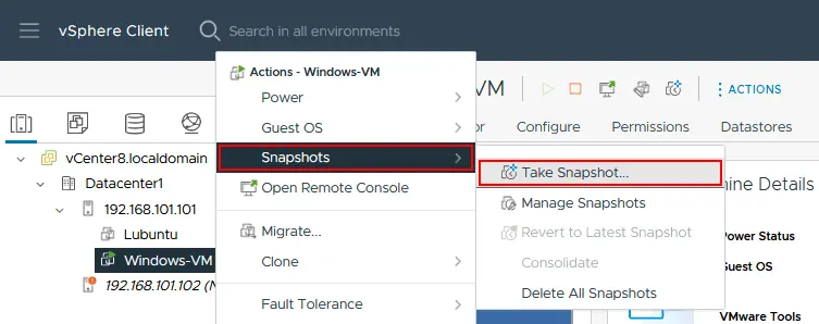 Creating a VMware snapshot