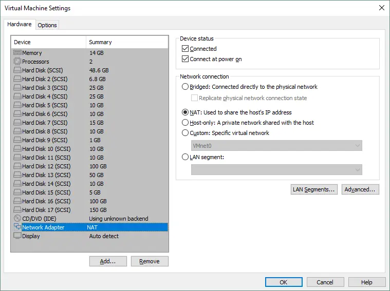 vCenter Server must be connected to the NAT virtual network in the explained VMware home lab