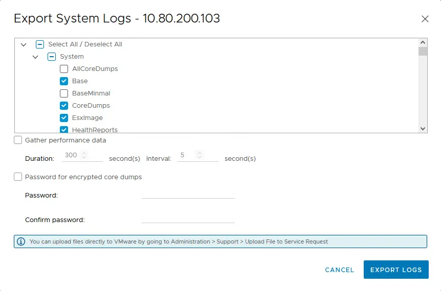 Selecting vCenter logs to export