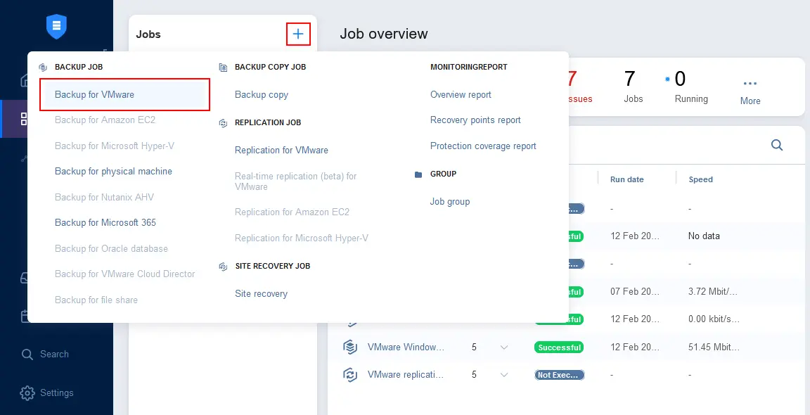 Creating a new VMware VM backup job