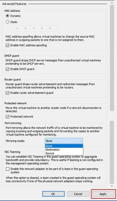 Advanced features for Hyper-V network adapters