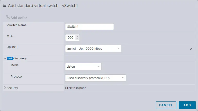 Configuring a new vSwitch to be created