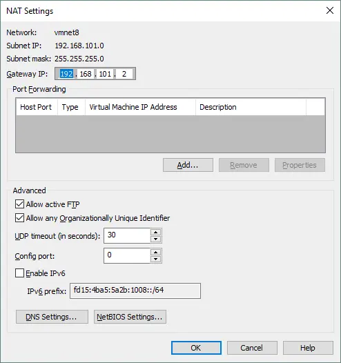 NAT settings opened in VMware Workstation Virtual Network Editor