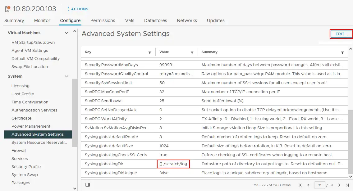 How to change the location of VMware ESXi logs in VMware vSphere Client