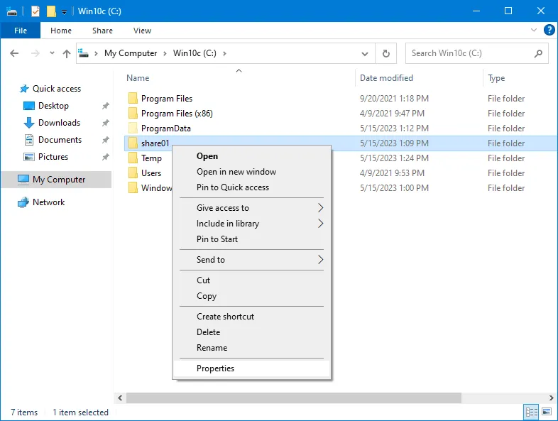 Opening folder properties