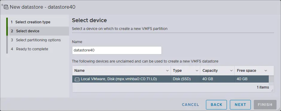 Selecting a disk device to be used for a new datastore