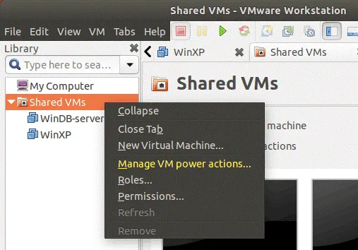 Managing VM power actions on VMware Workstation Server.
