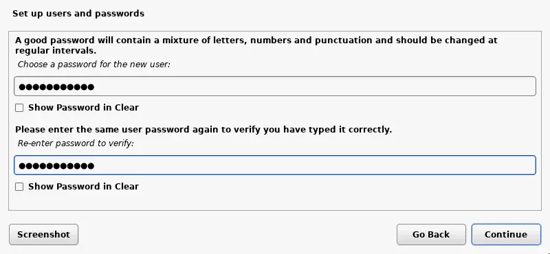 Entering a password for a user during Kali Linux installation